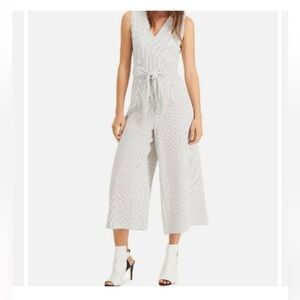 Calvin Klein (Size 10) White & Black Pinstripe Belted Crop Jumpsuit - Like New